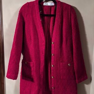 Zara Red Blazer with Textured Fabric and Lapel Collar